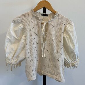 Zara Broderie Anglaise Blouse Ivory Crochet Lace Puff Sleeve Top Med Cottage